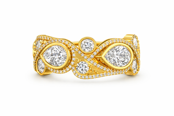 Yellow Gold Diamond Cluster Ring, Pear & Round Cut Multi-Stone Design, Pavé Statement Ring