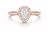 Pear Shaped Diamond Halo Engagement Ring, Rose Gold, Pavé Band, Teardrop Cut Center Stone Ring