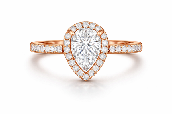 Pear Shaped Diamond Halo Engagement Ring, Rose Gold, Pavé Band, Teardrop Cut Center Stone Ring