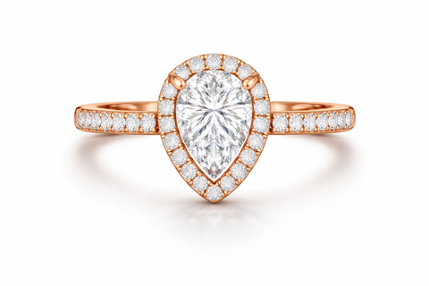 Pear Shaped Diamond Halo Engagement Ring, Rose Gold, Pavé Band, Teardrop Cut Center Stone Ring