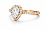 Pear Shaped Diamond Halo Engagement Ring, Rose Gold, Pavé Band, Teardrop Cut Center Stone Ring